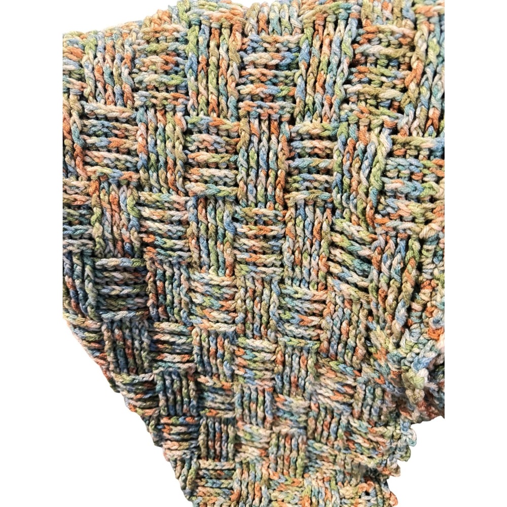 Vintage Crochet Afghan Baby Blanket Green Blue Variegated Basketweave 46 x 42